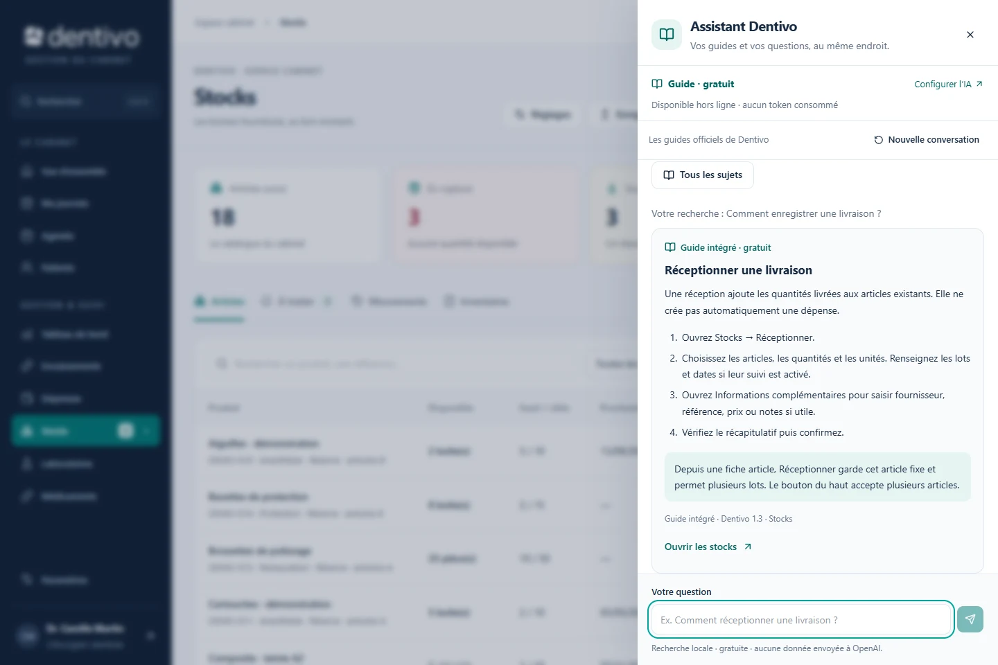 Le panneau Assistant Dentivo ouvert sur un écran du logiciel, avec une fiche du Guide intégré. Données fictives.
